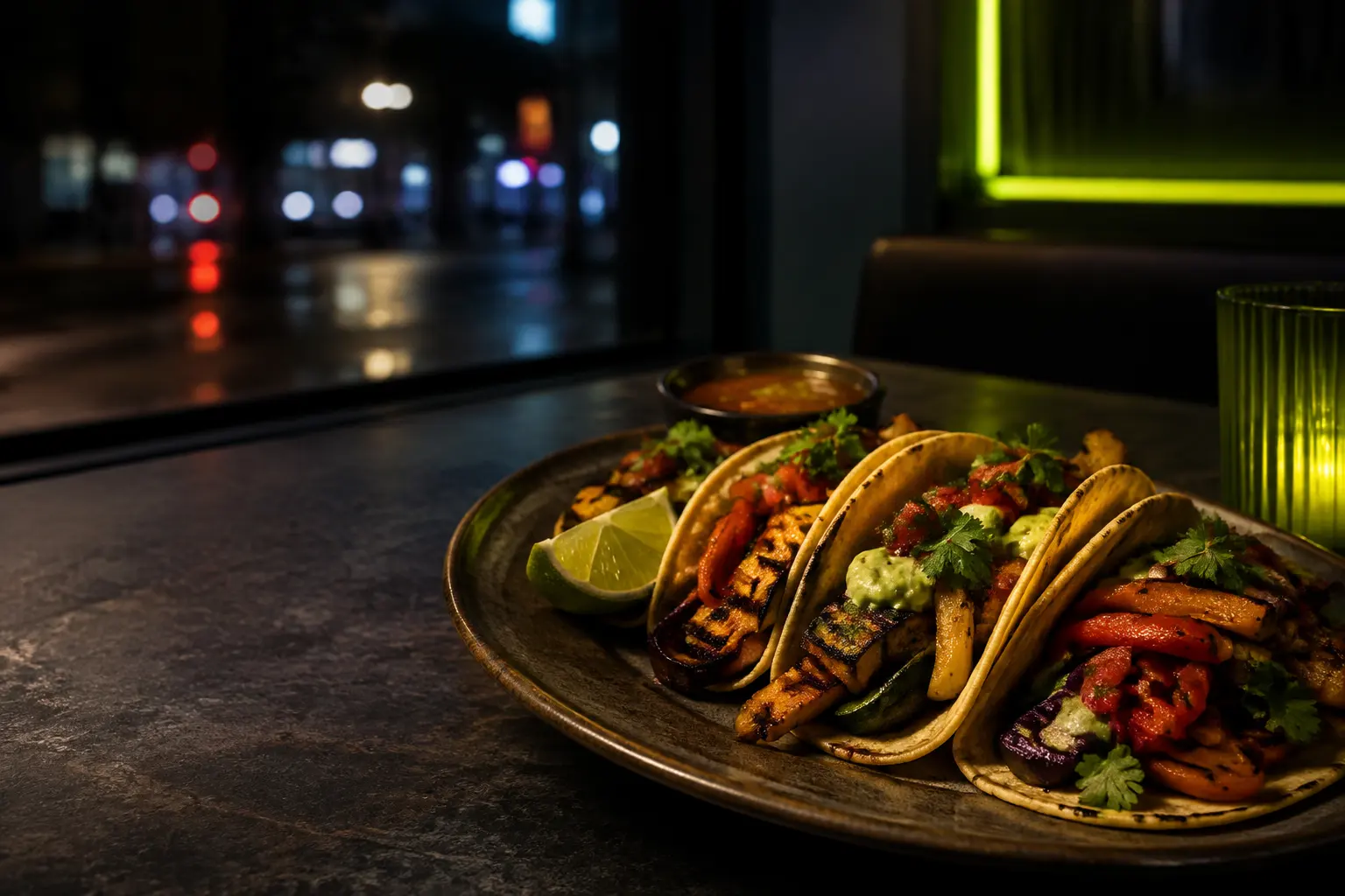 Plant-based tacos on a diner table lit by a subtle green neon glow